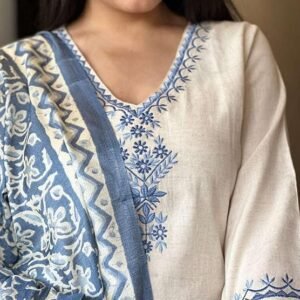 Ethnic 3-Piece Cotton Blend Kurta Suit with Embroidery and V-Neck