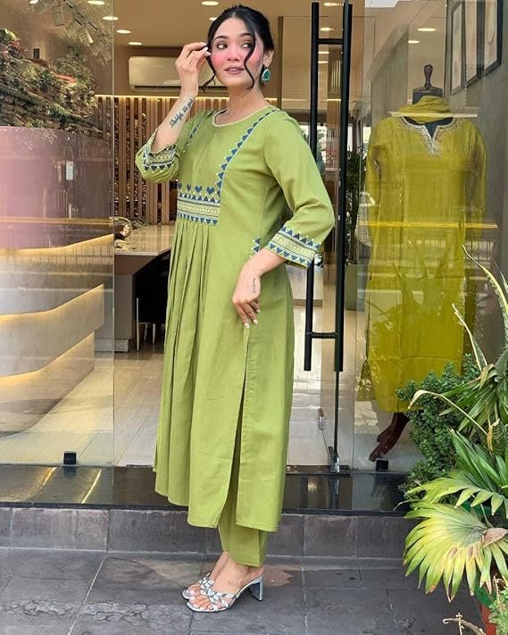 360 BHARAT CRAFT Women's Olive Green Rayon Embroidered A-Line Kurti and Pant Set (XXL Available)