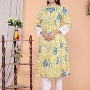 360 BHARAT CRAFT Women's Lemon Cotton Printed A-Line Kurti with Pant Set