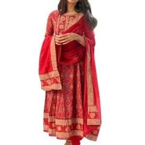 60 BHARAT CRAFT Women's Red Embroidered Anarkali Kurta with Pant and Dupatta Set