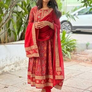 60 BHARAT CRAFT Women's Red Embroidered Anarkali Kurta with Pant and Dupatta Set