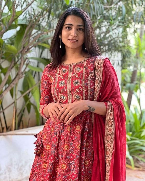 360 BHARAT CRAFT Women's Red Embroidered Anarkali Kurta with Pant and Dupatta Set