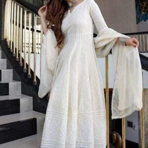 360 BHARAT CRAFT Women's Pure White Cotton Anarkali Chikankari Long Kurti Gown for Festivals