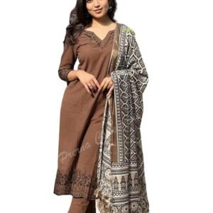 360 BHARAT CRAFT Women's Brown Cotton Printed Kurti Pant Dupatta Set (V-Neck, 3-Piece)