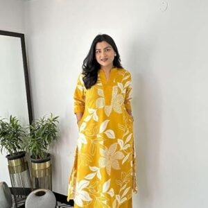 360 BHARAT CRAFT Women's Yellow Cotton Floral Printed Straight Kurti with Pant Set (V-Neck)