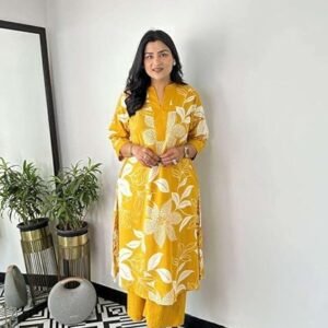 360 BHARAT CRAFT Women's Yellow Cotton Floral Printed Straight Kurti with Pant Set (V-Neck)