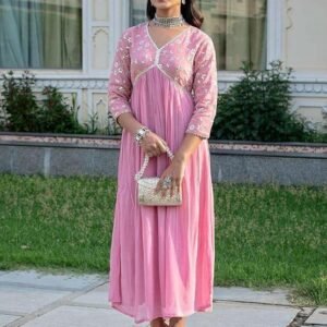 360 BHARAT CRAFT Women's Pink Embroidered Georgette Kurta with Pant Set (V-Neck)