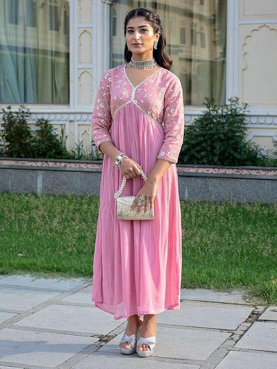 360 BHARAT CRAFT Women's Pink Embroidered Georgette Kurta with Pant Set (V-Neck)