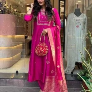 360 BHARAT CRAFT Women's Pink Roman Silk Embroidered A-Line Kurta Pant Dupatta Set