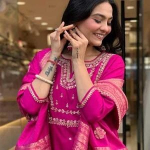 360 BHARAT CRAFT Women's Pink Roman Silk Embroidered A-Line Kurta Pant Dupatta Set